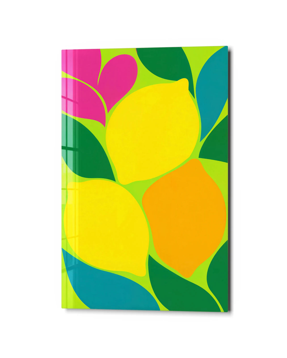 Lemons in the Leaves — studio view of glass wall art