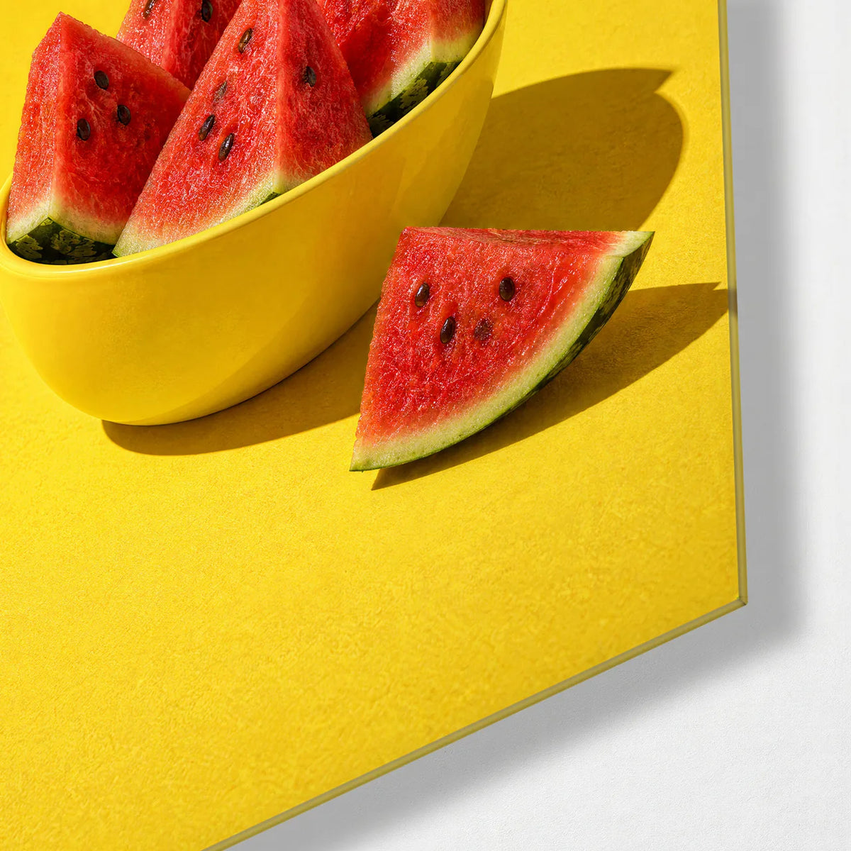 Watermelon in Yellow — corner detail of glass wall art