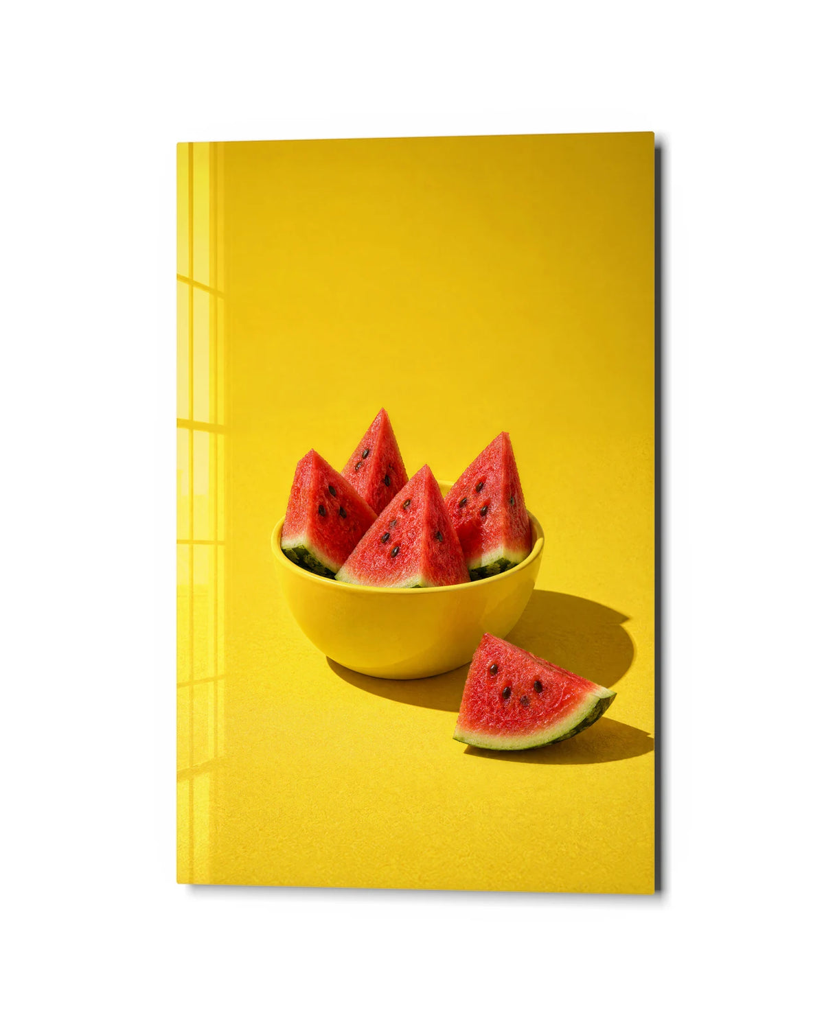 Watermelon in Yellow — studio view of glass wall art