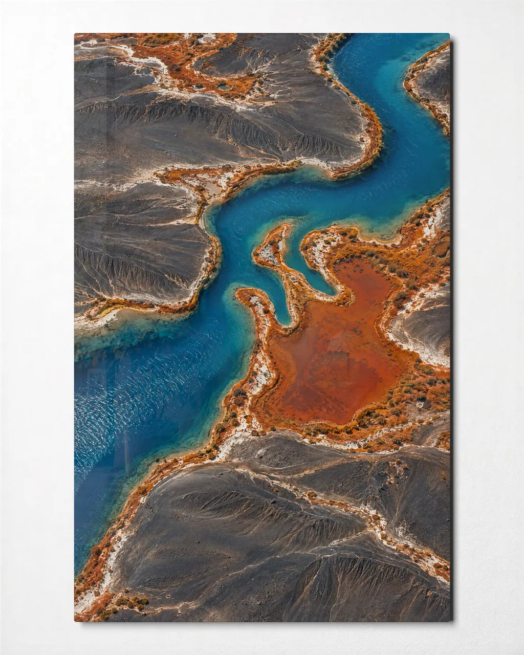 A Blue River Bends — front view of glass wall art