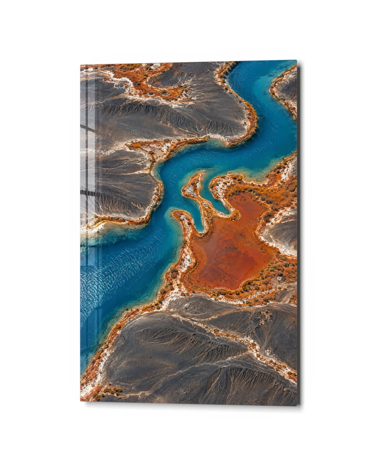 A Blue River Bends — studio view of glass wall art