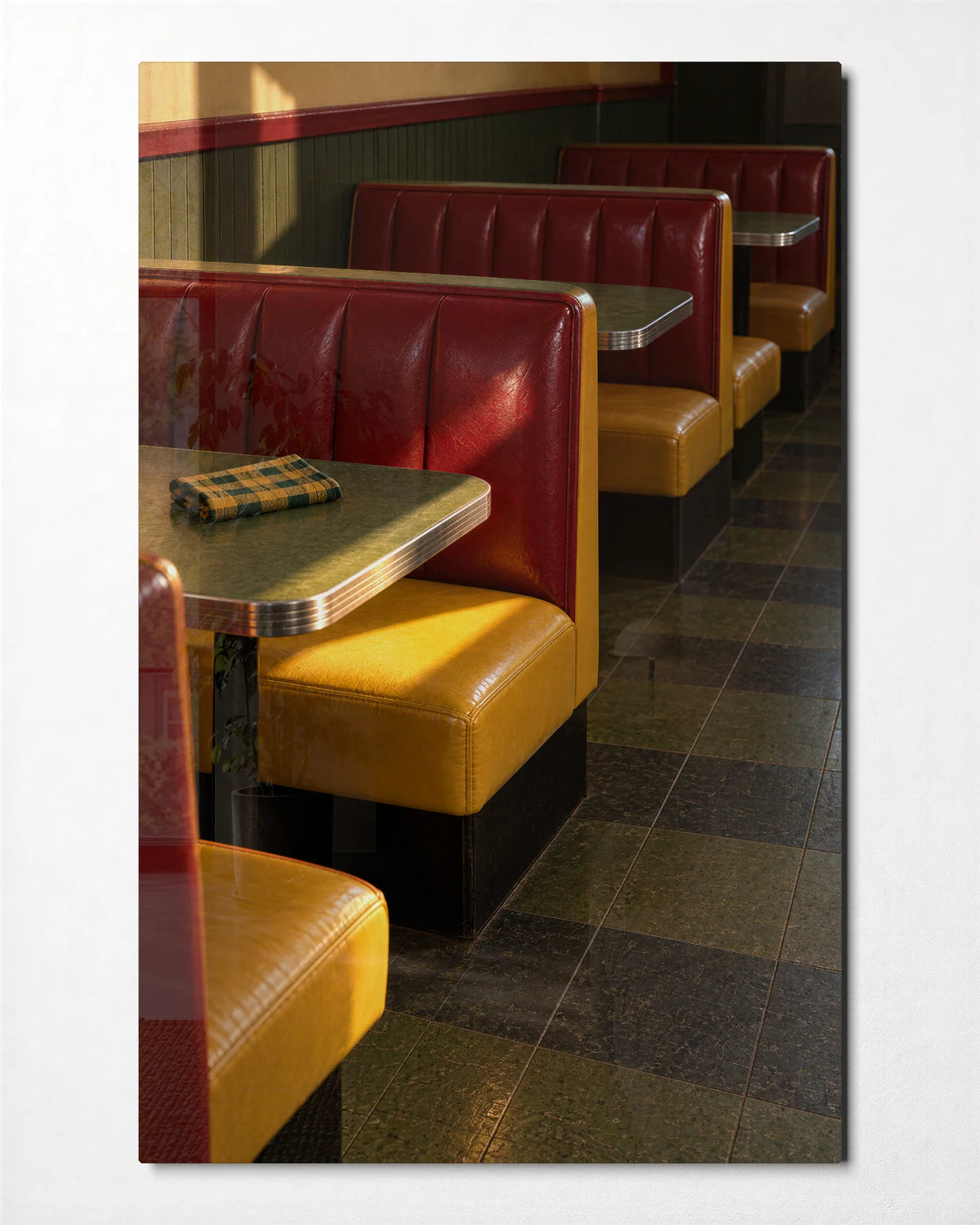 A Booth in the Sun — front view of glass wall art