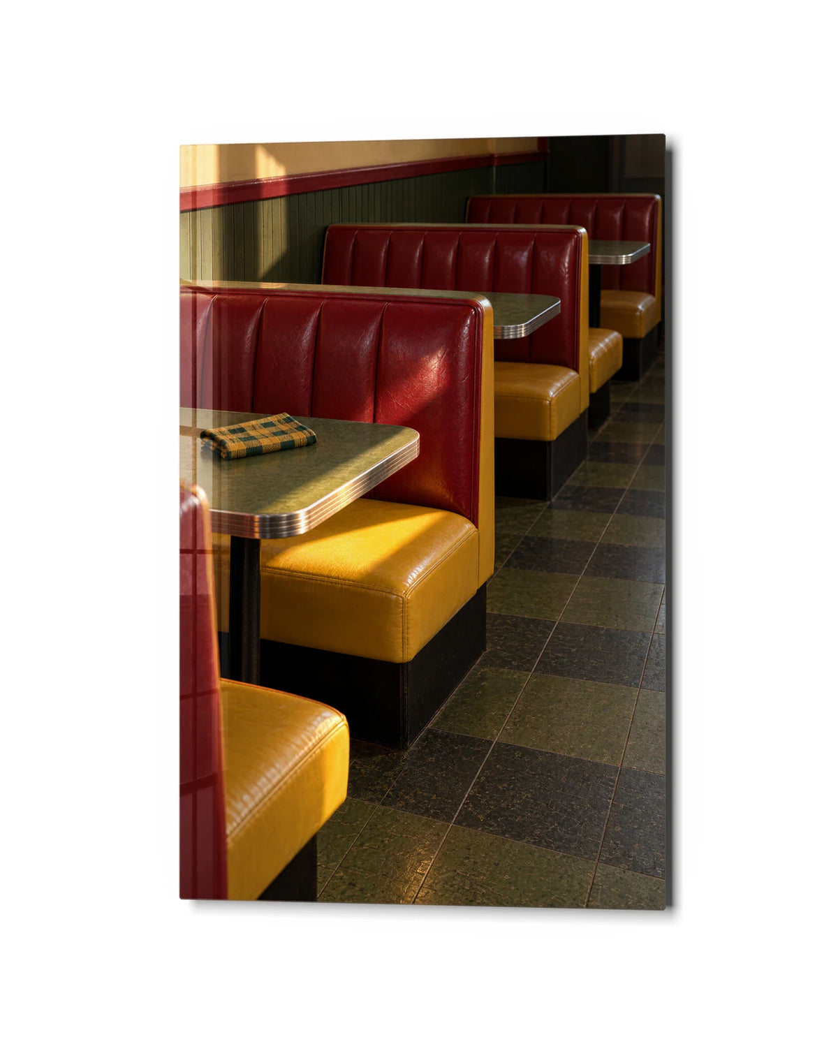 A Booth in the Sun — studio view of glass wall art