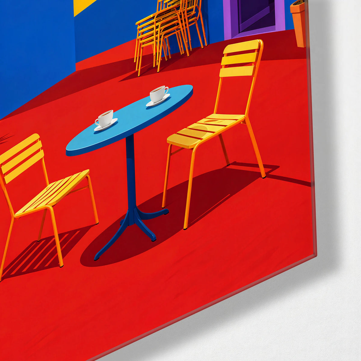 Coffee in Primary Colours — corner detail of glass wall art