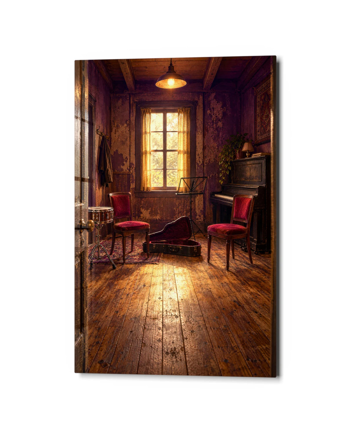 The Waiting Music Room — studio view of glass wall art