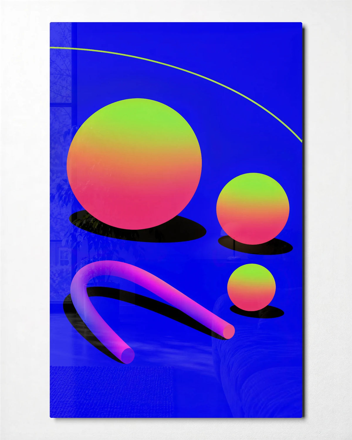 Shapes on Electric Blue — front view of glass wall art