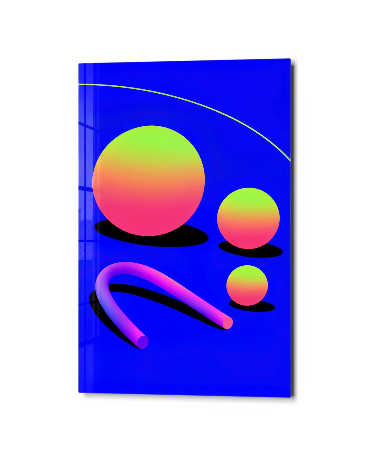 Shapes on Electric Blue — studio view of glass wall art