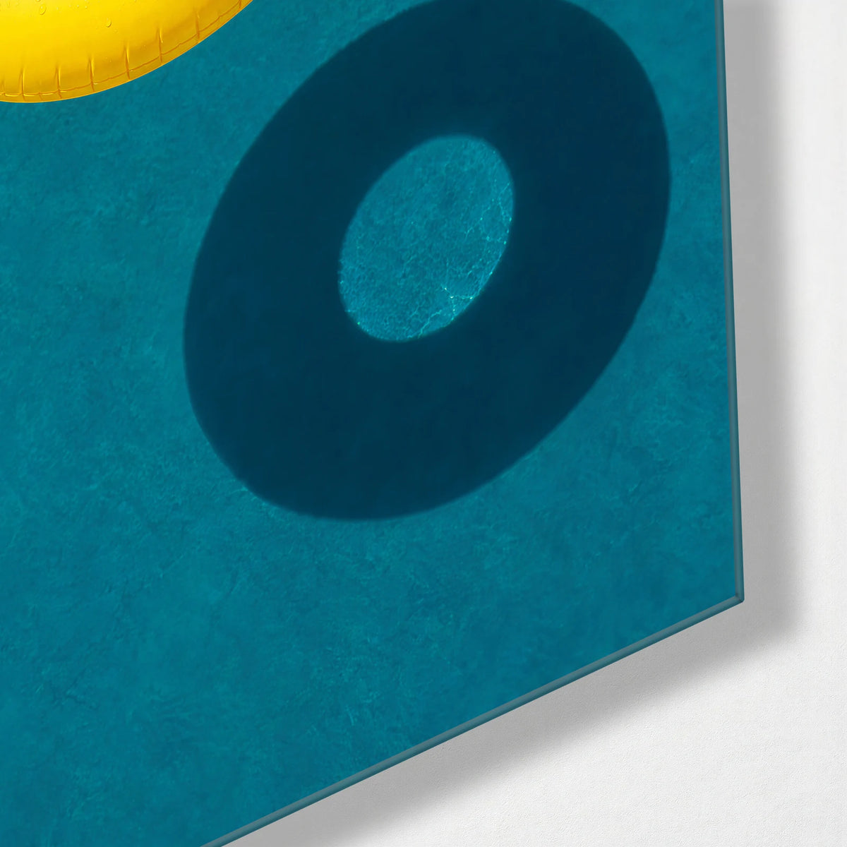 Yellow Afloat — corner detail of glass wall art