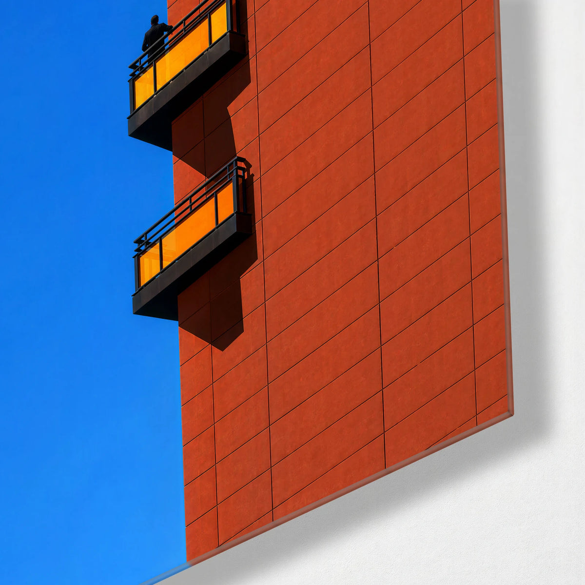 Three Yellow Balconies — corner detail of glass wall art