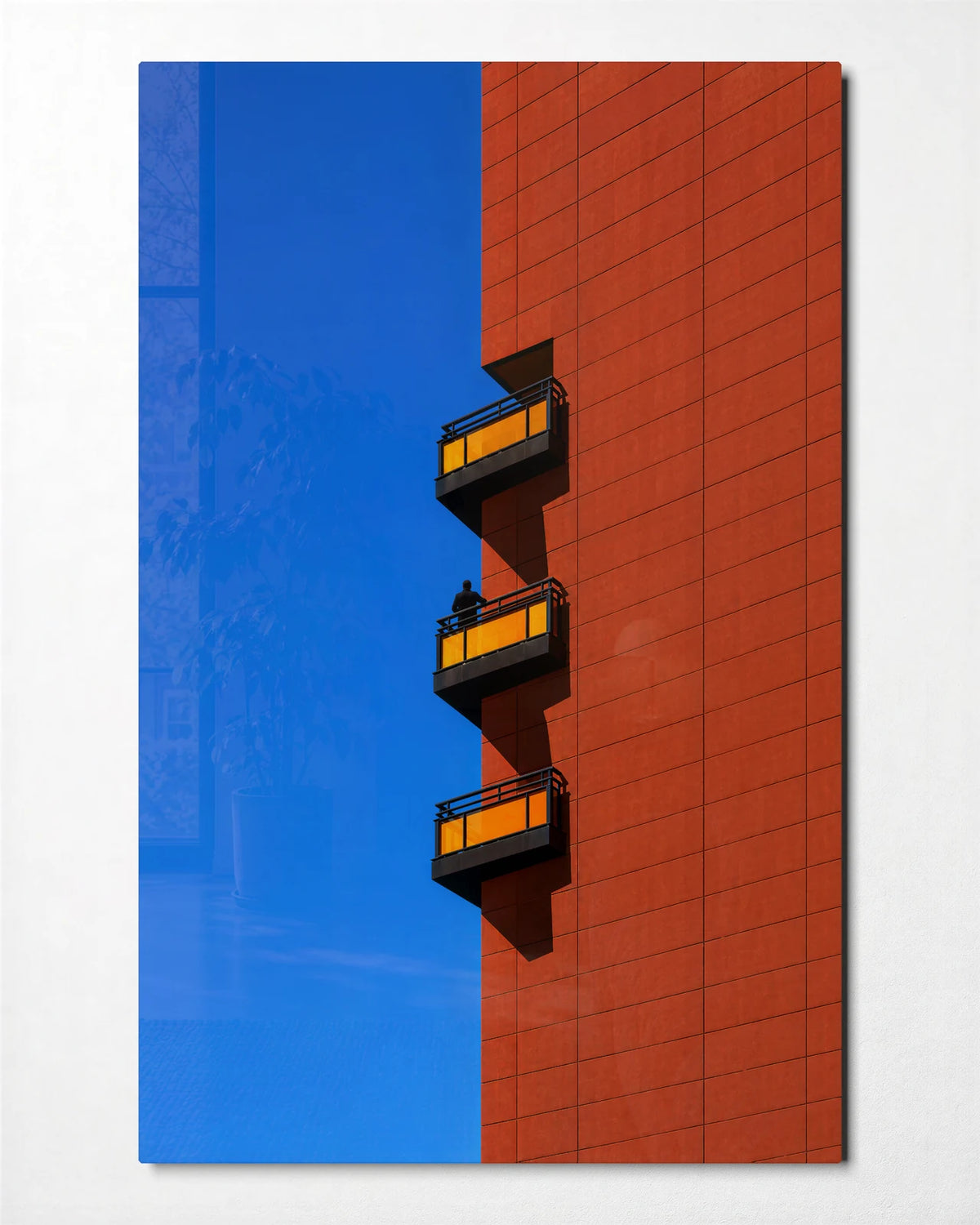 Three Yellow Balconies — front view of glass wall art
