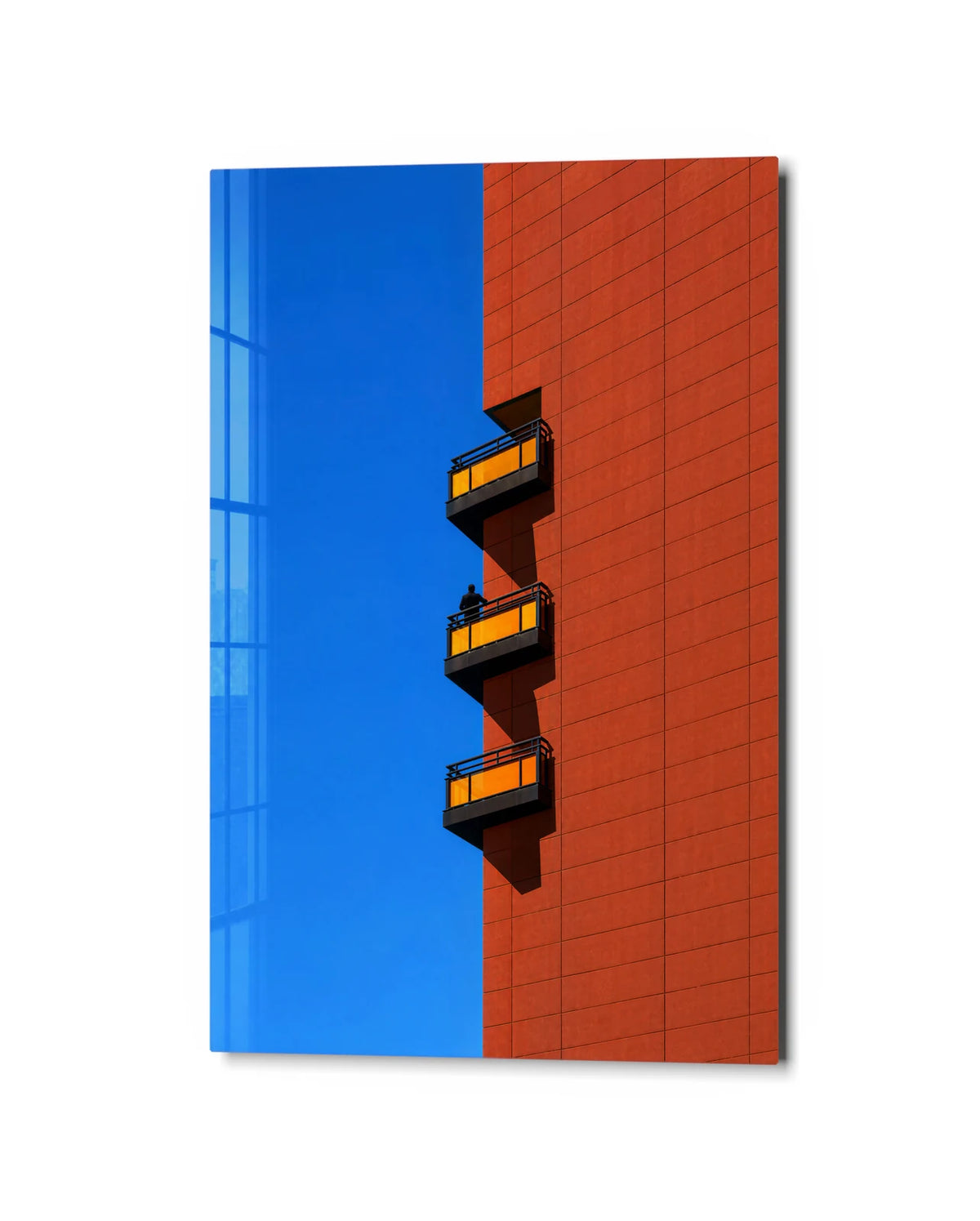 Three Yellow Balconies — studio view of glass wall art