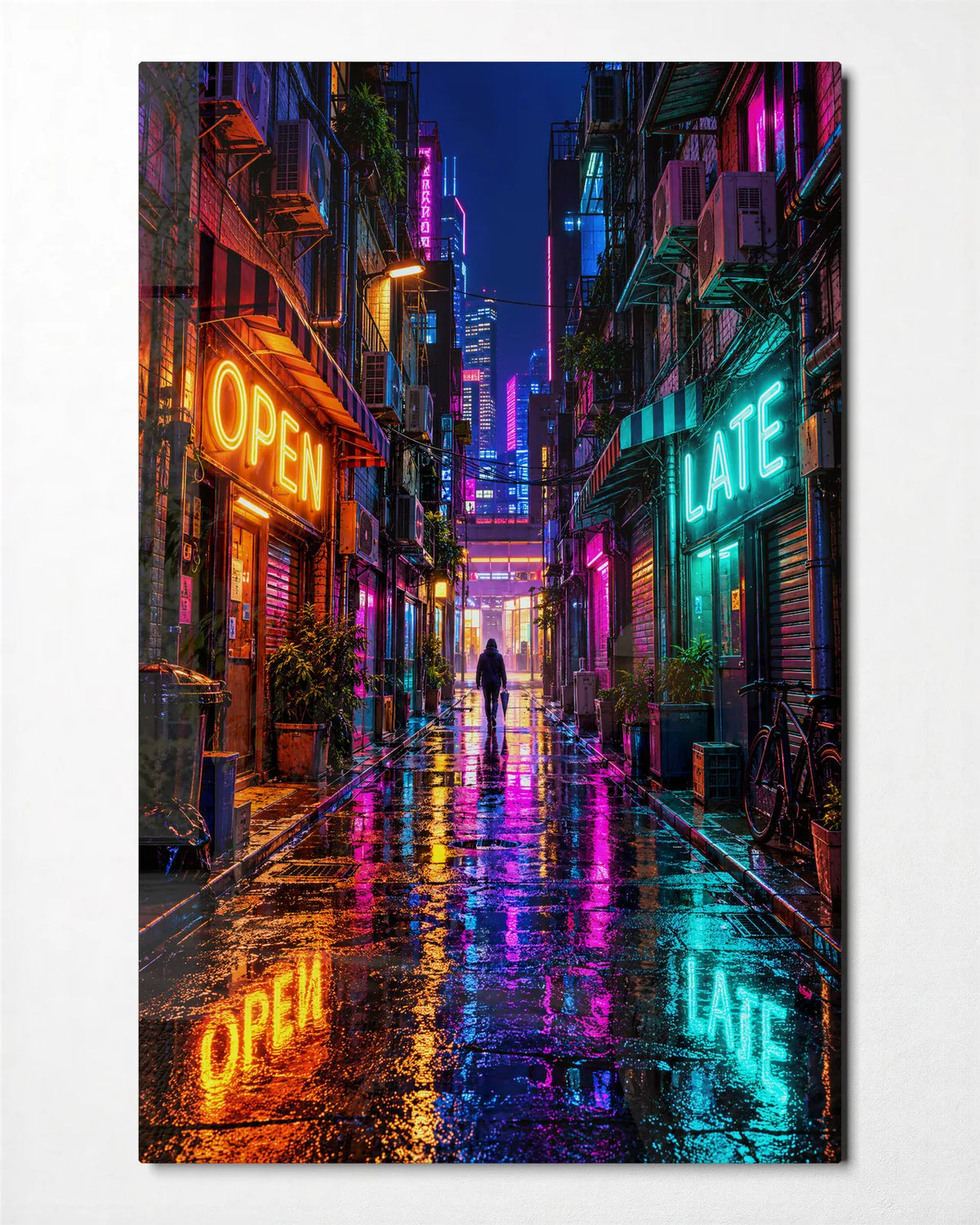 Open Late — front view of glass wall art