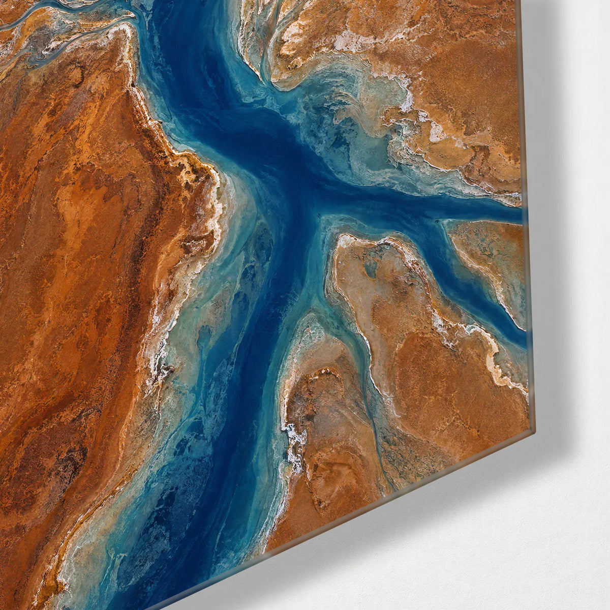 Blue Through Earth — corner detail of glass wall art