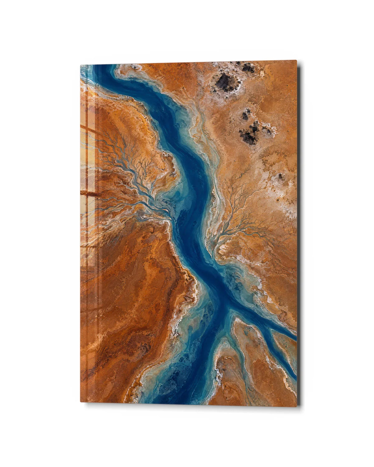 Blue Through Earth — studio view of glass wall art