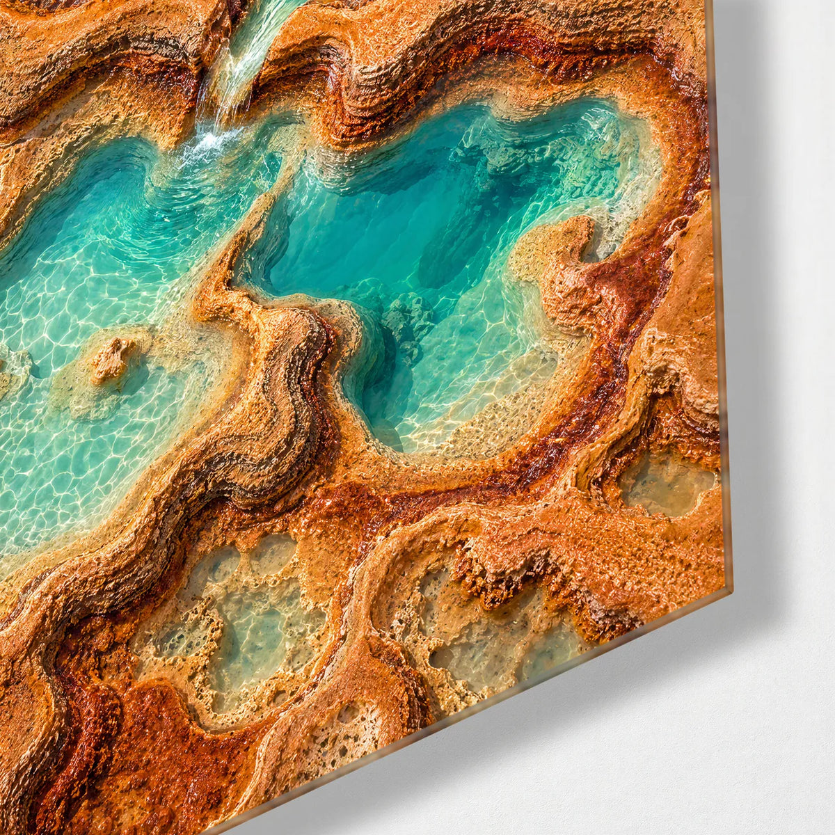 Turquoise Terraces — corner detail of glass wall art