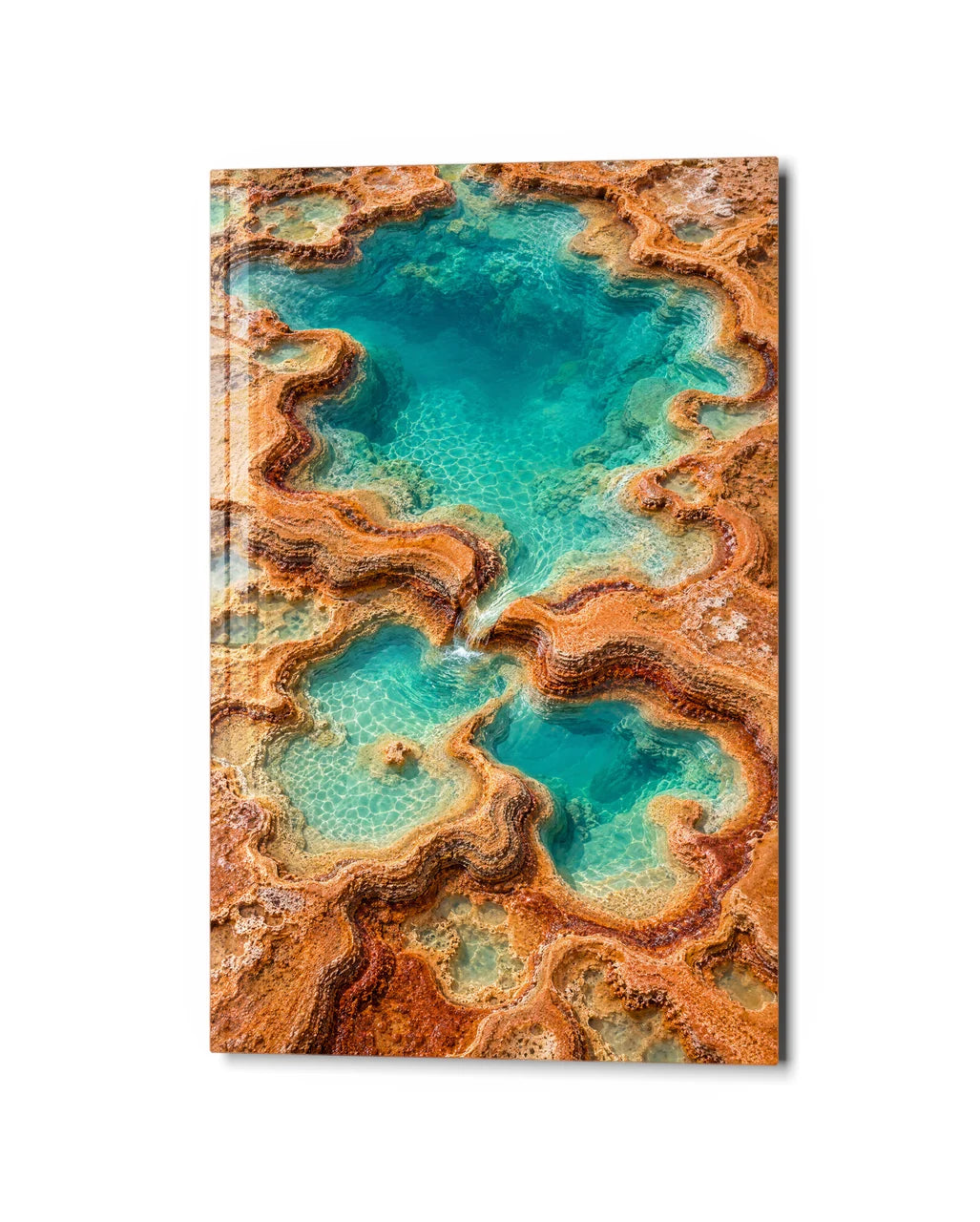 Turquoise Terraces — studio view of glass wall art