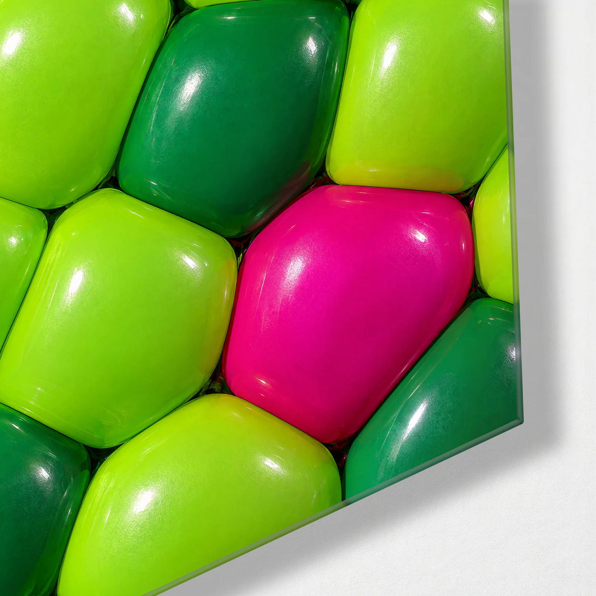 One Pink among Green — corner detail of glass wall art