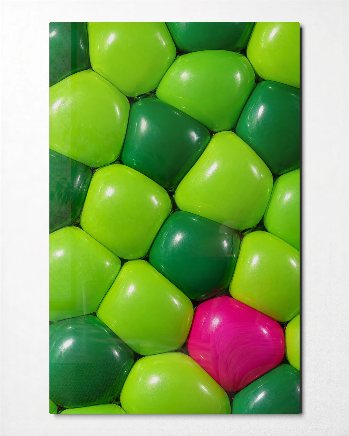 One Pink among Green — front view of glass wall art