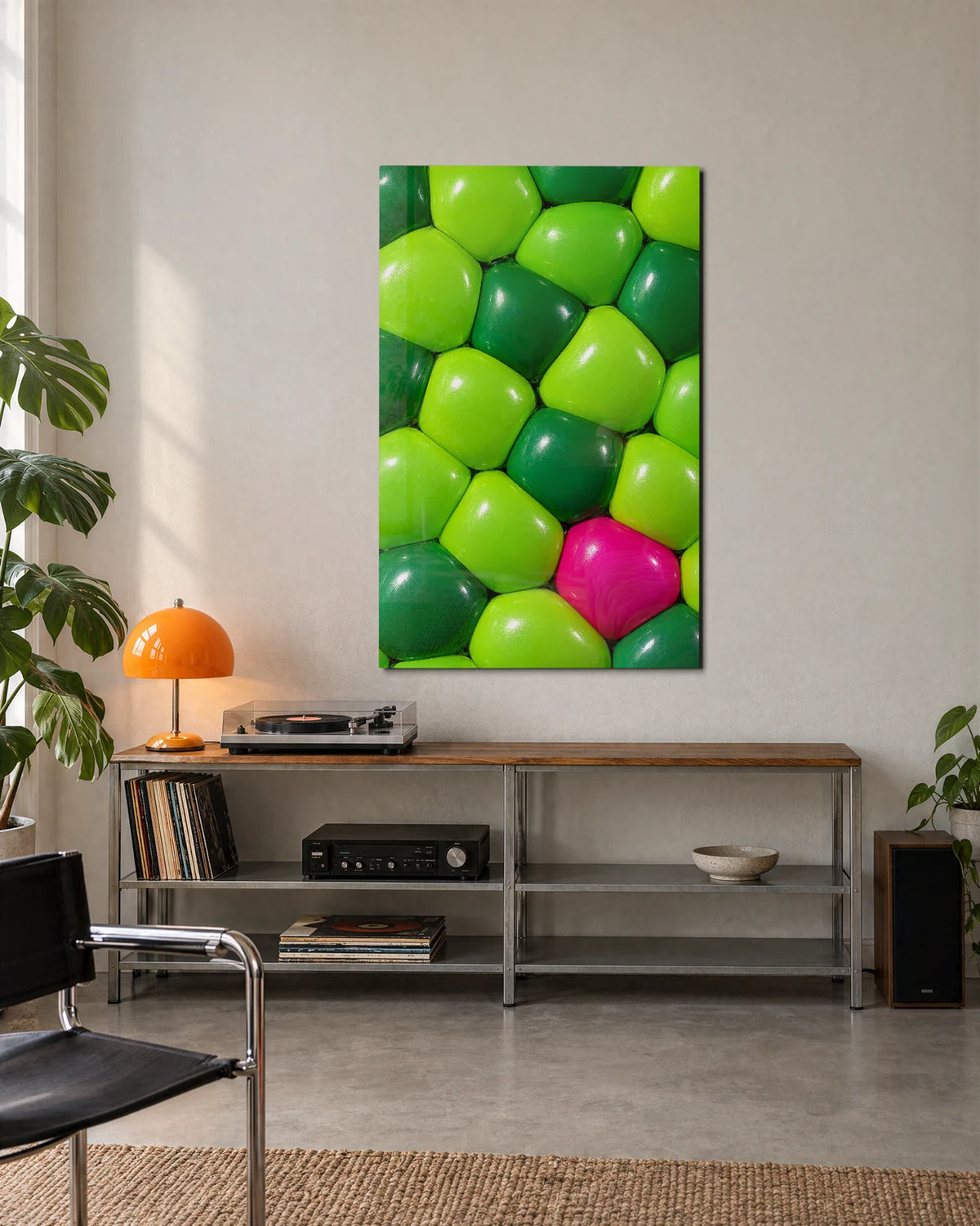One Pink among Green — shown in a living space