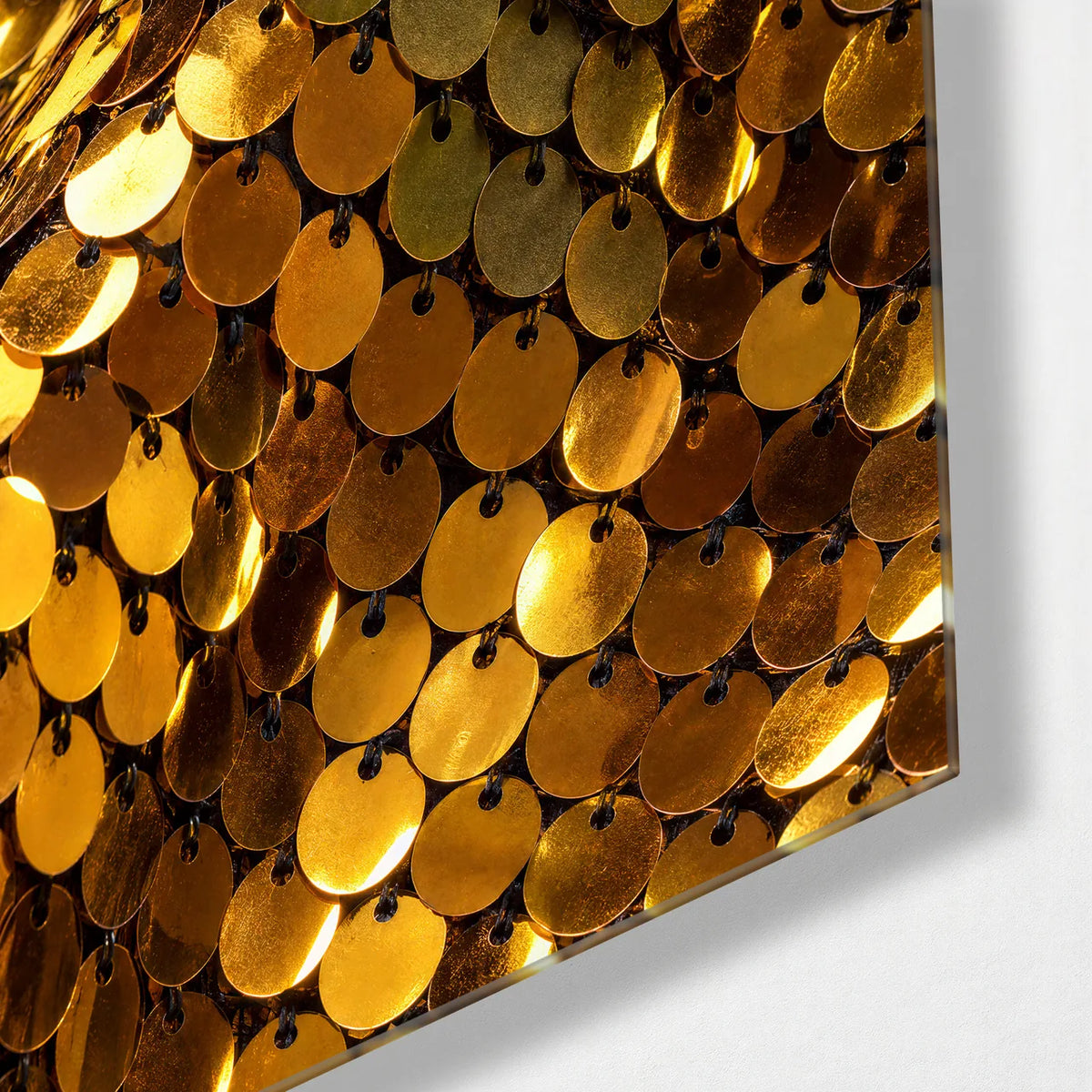 Golden Scales — corner detail of glass wall art