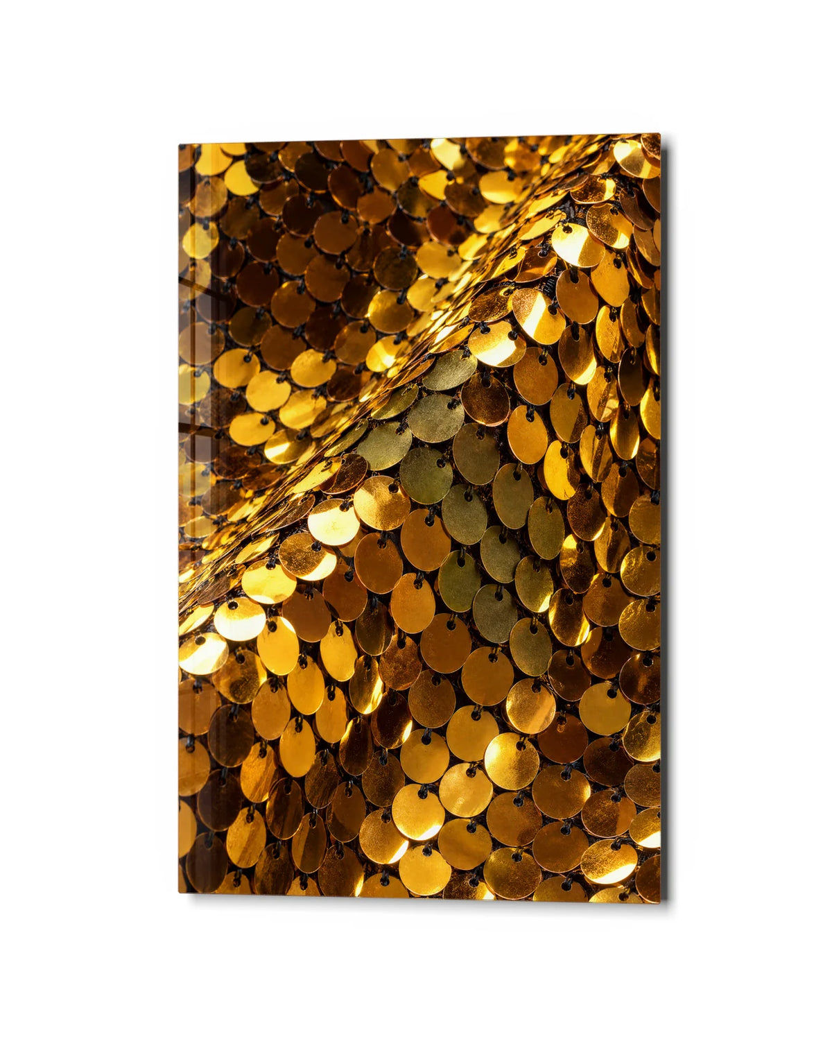 Golden Scales — studio view of glass wall art