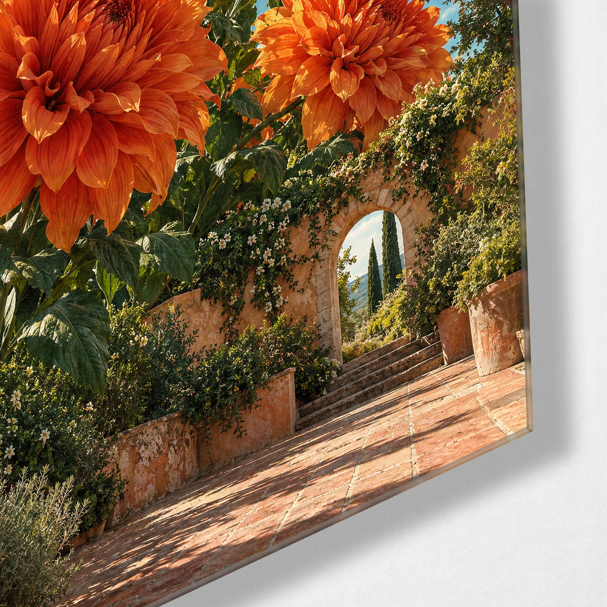 Flowers above the Courtyard — corner detail of glass wall art