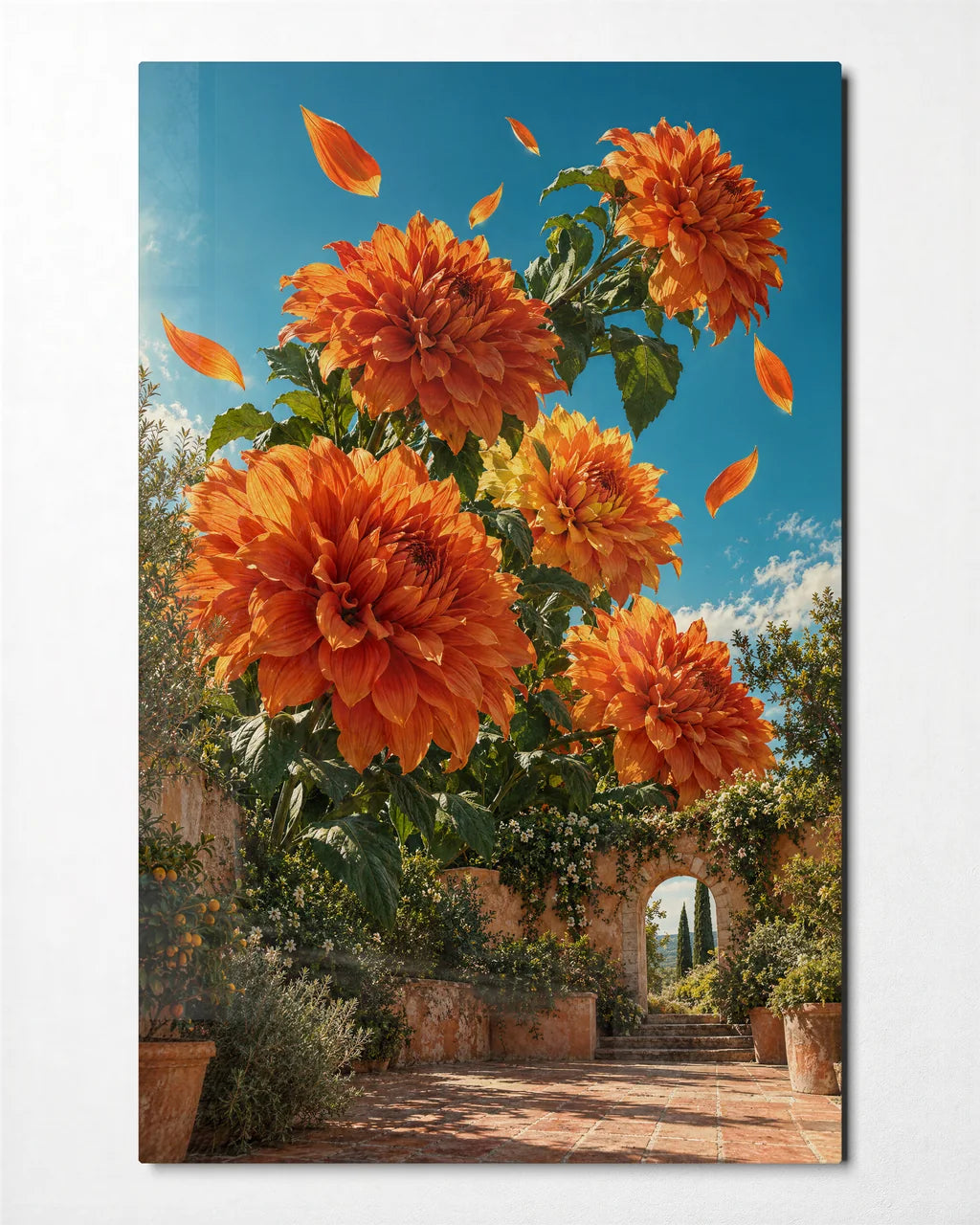 Flowers above the Courtyard — front view of glass wall art