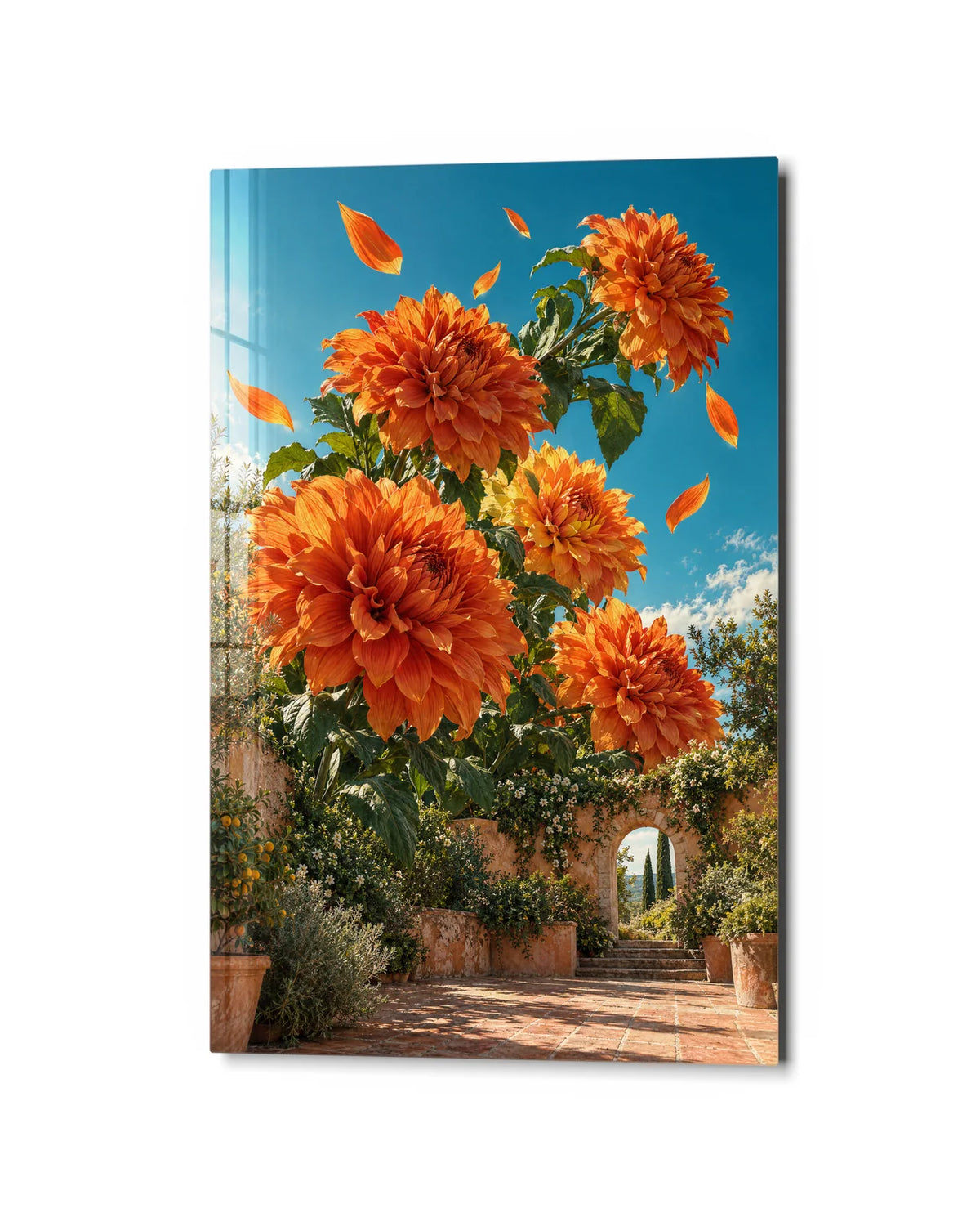 Flowers above the Courtyard — studio view of glass wall art