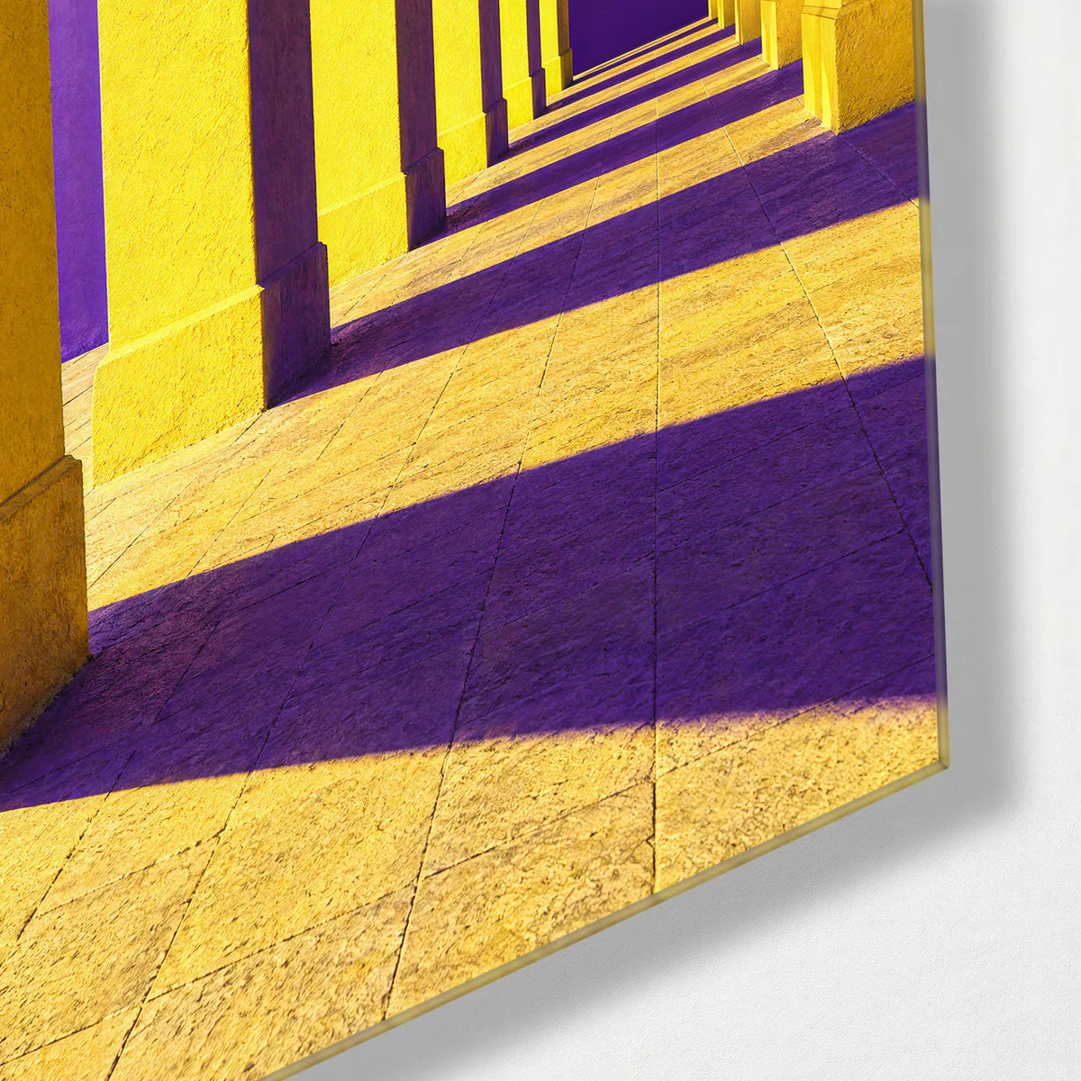 Yellow Arches Purple Shadows — corner detail of glass wall art