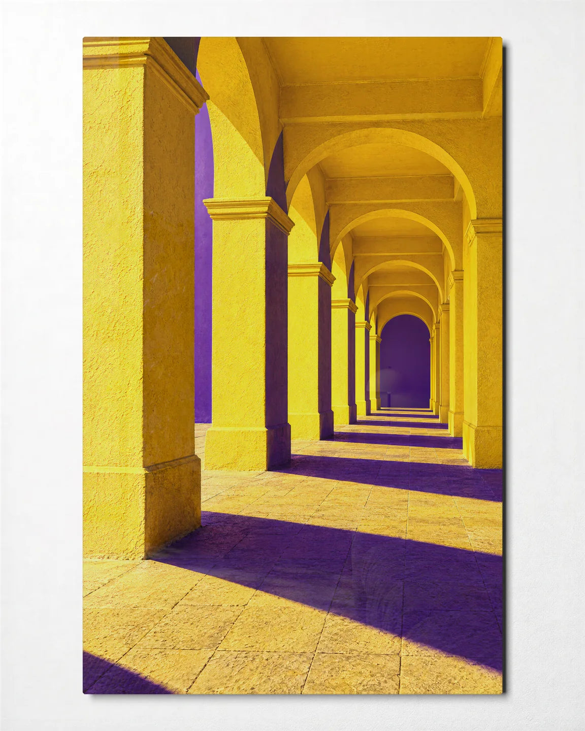 Yellow Arches Purple Shadows — front view of glass wall art