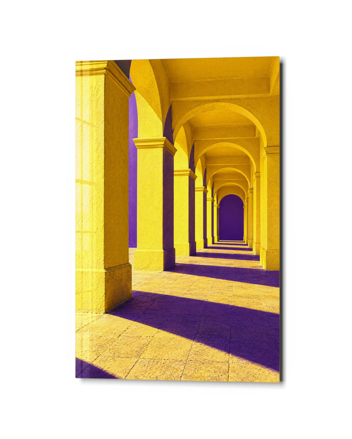Yellow Arches Purple Shadows — studio view of glass wall art