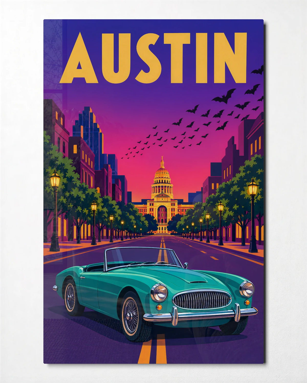 Austin at Sundown — front view of glass wall art