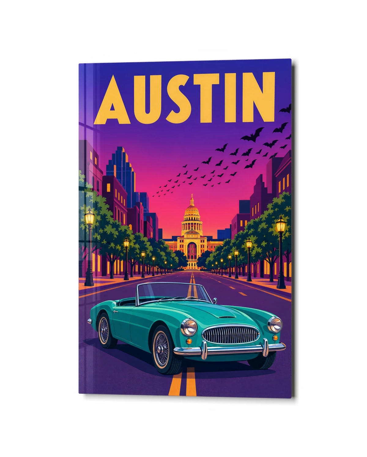 Austin at Sundown — studio view of glass wall art
