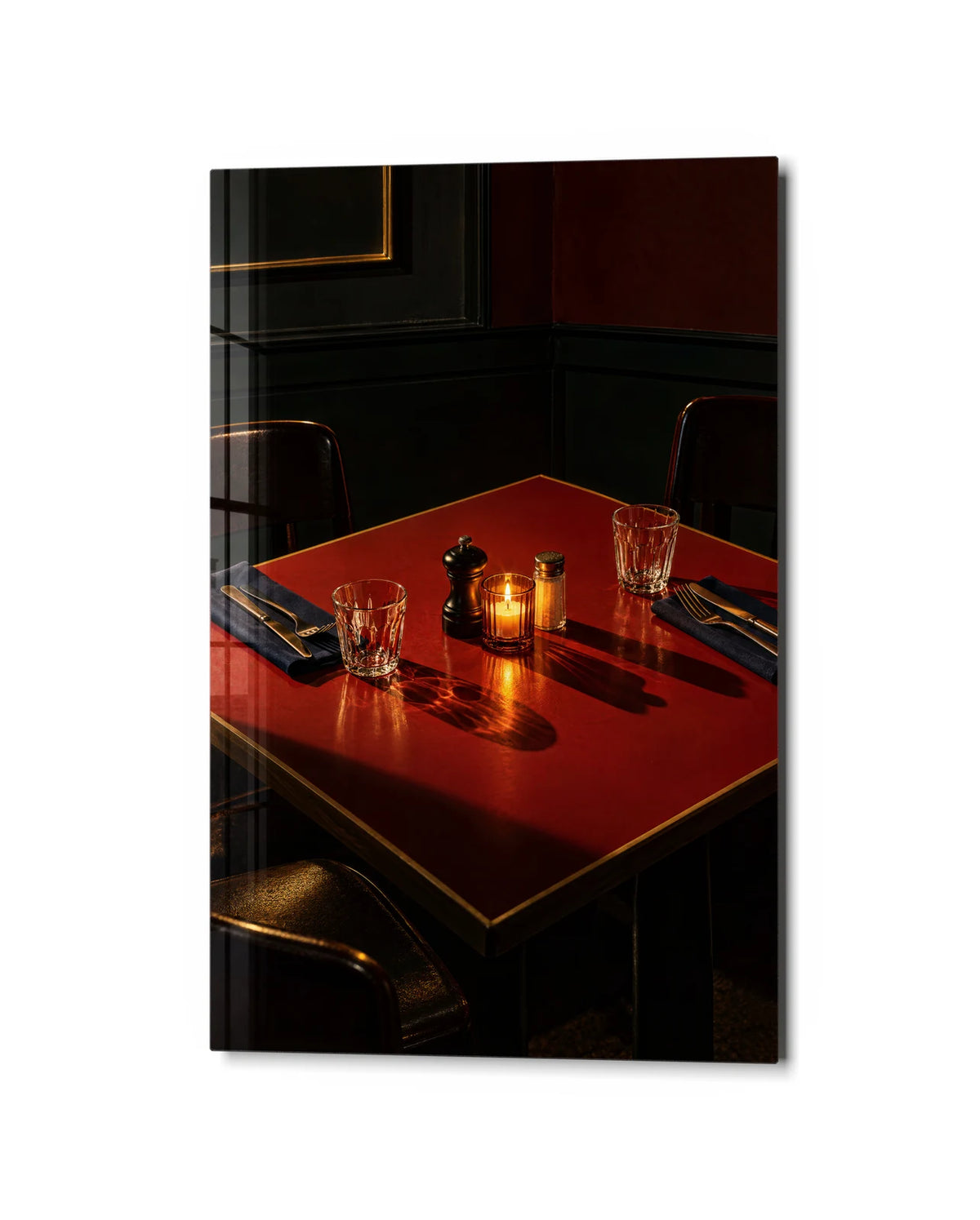 The Table Is Set — studio view of glass wall art