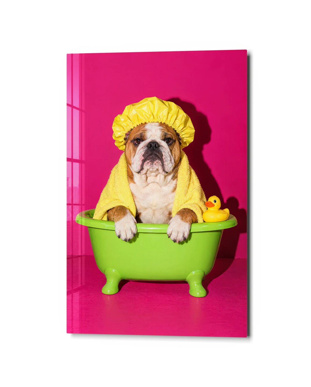 Bath Time Attitude — studio view of glass wall art