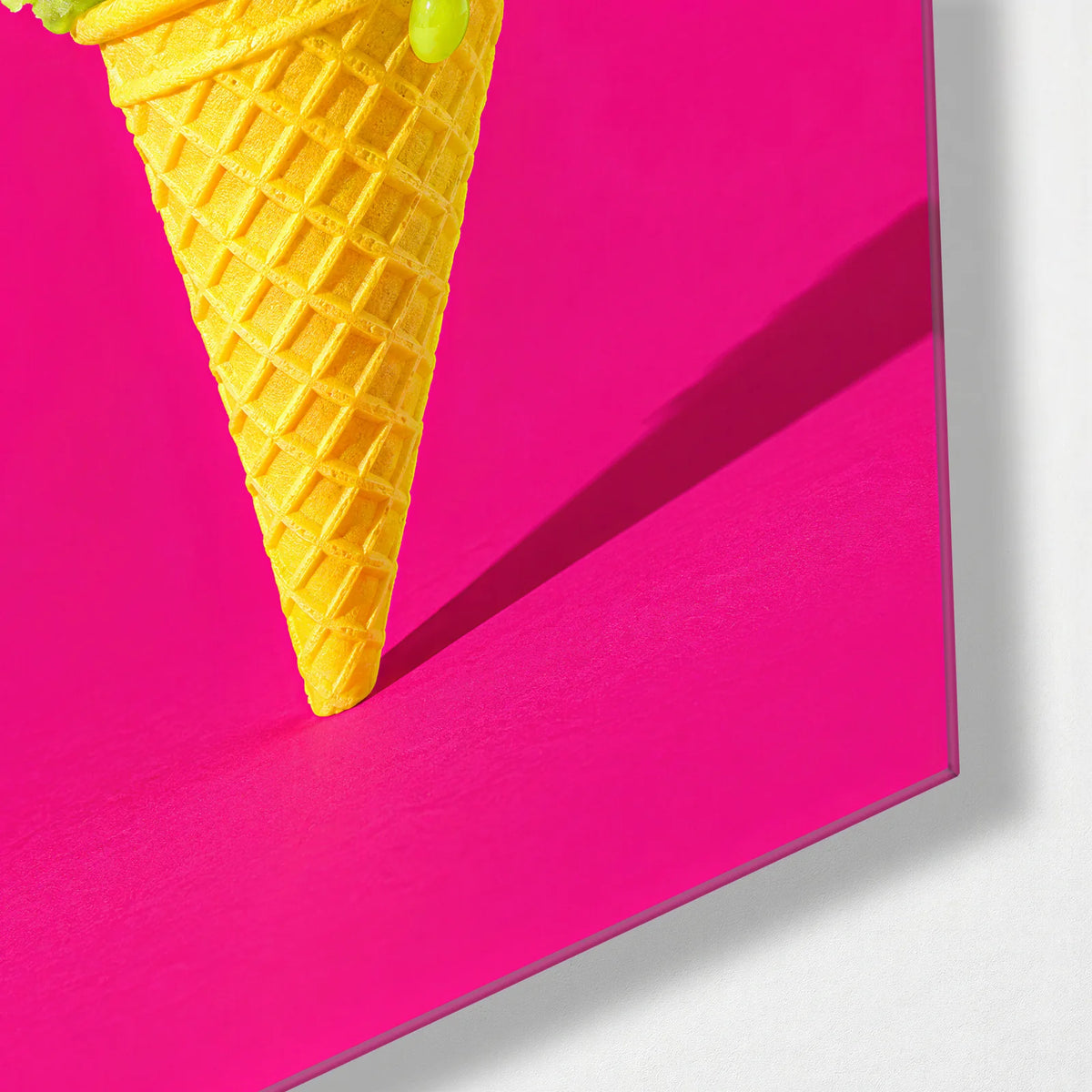 Green Scoop Pink Day — corner detail of glass wall art