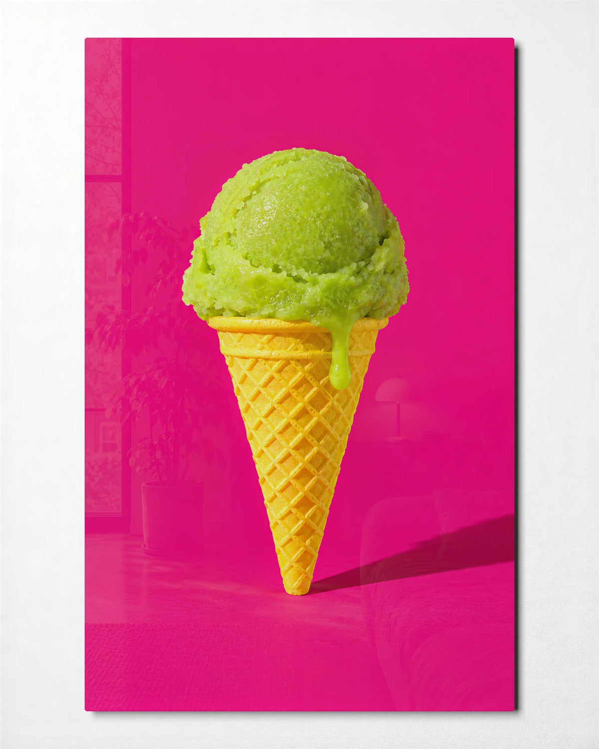 Green Scoop Pink Day — front view of glass wall art