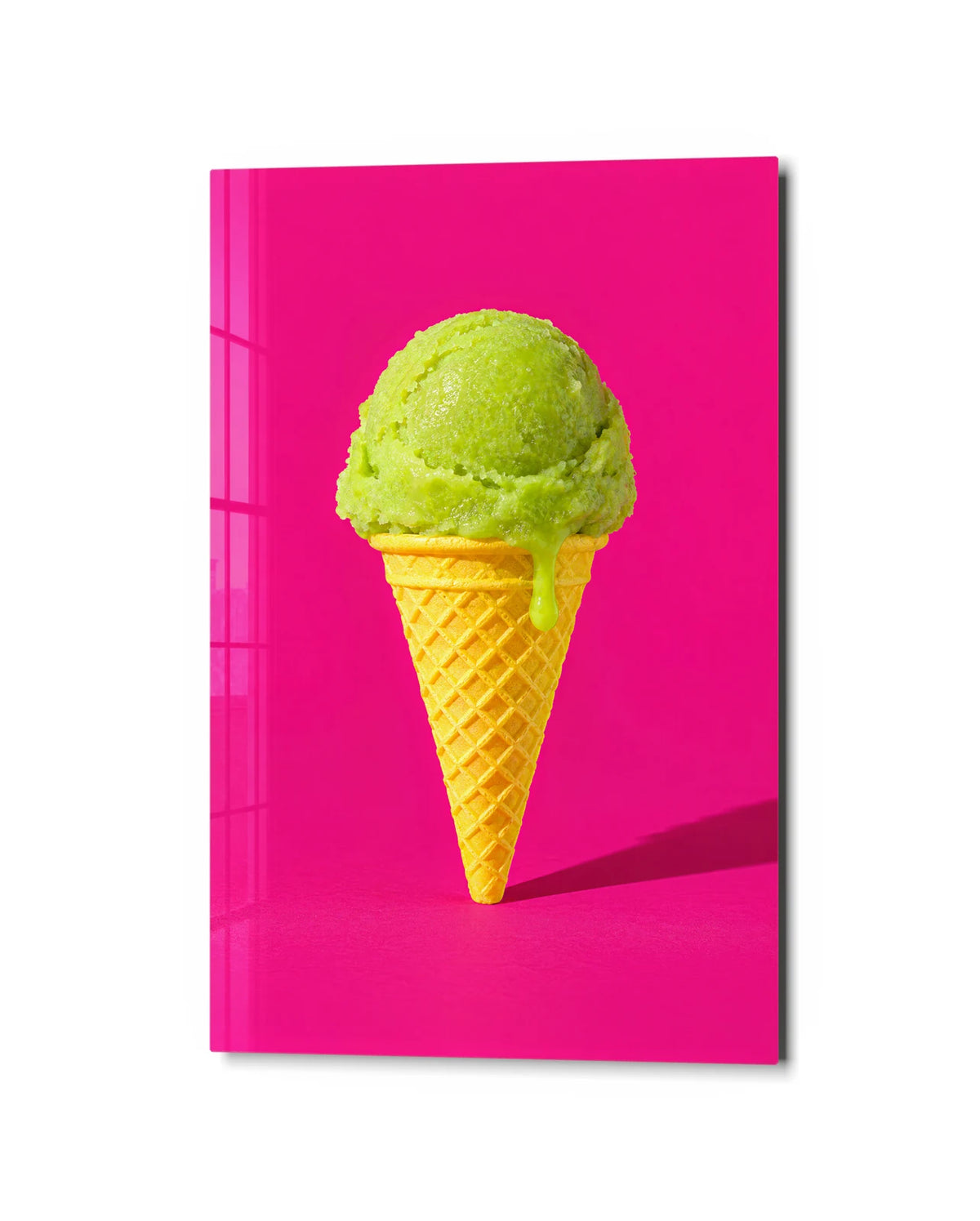 Green Scoop Pink Day — studio view of glass wall art