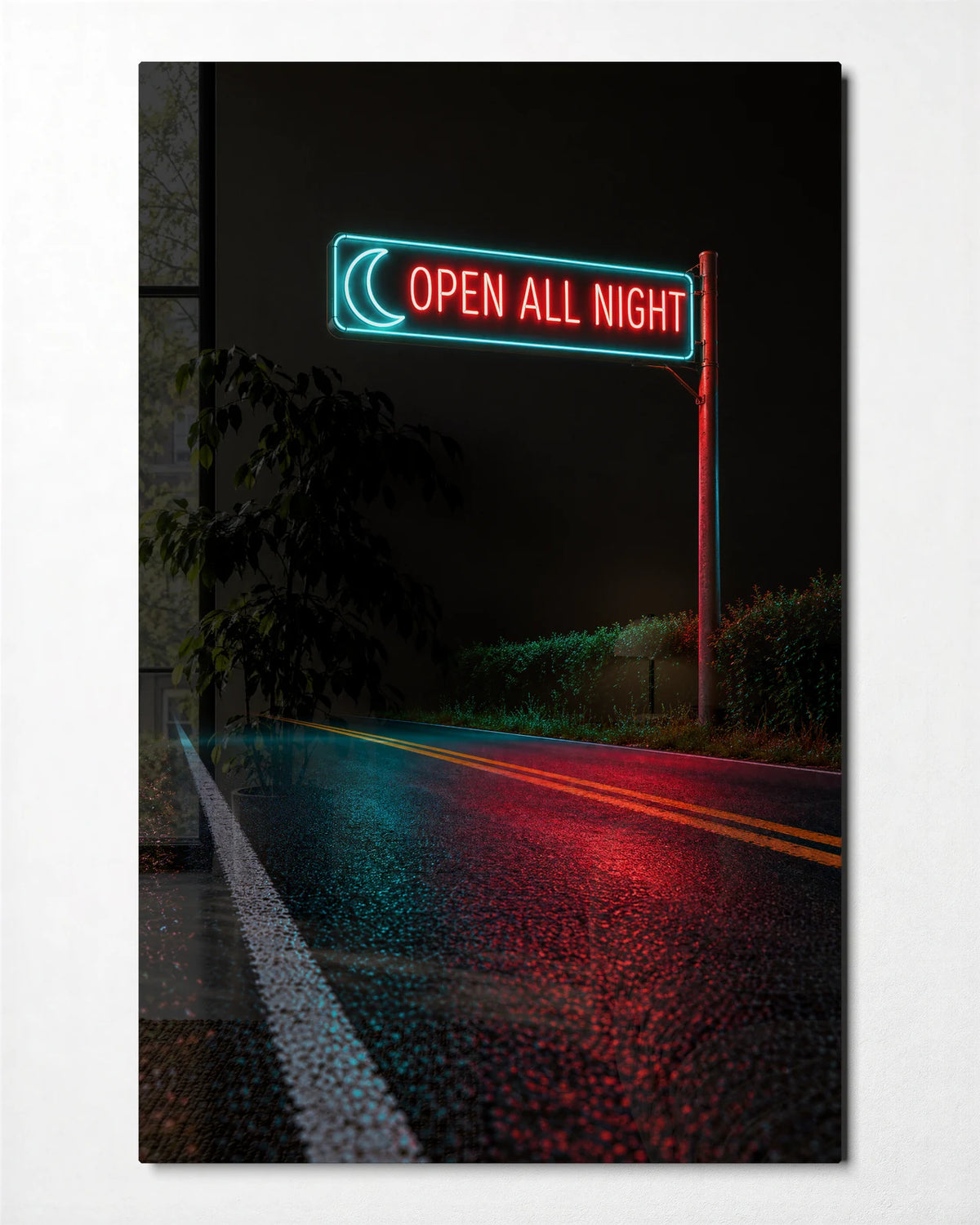 Open All Night — front view of glass wall art