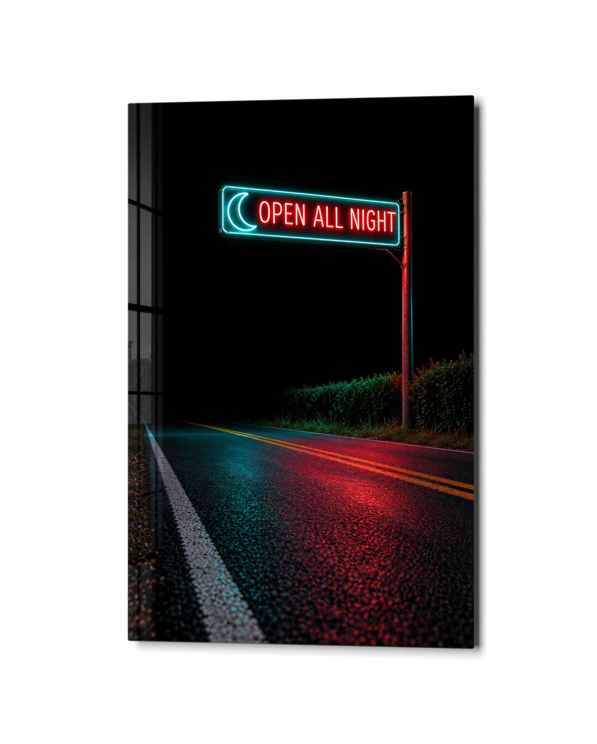 Open All Night — studio view of glass wall art