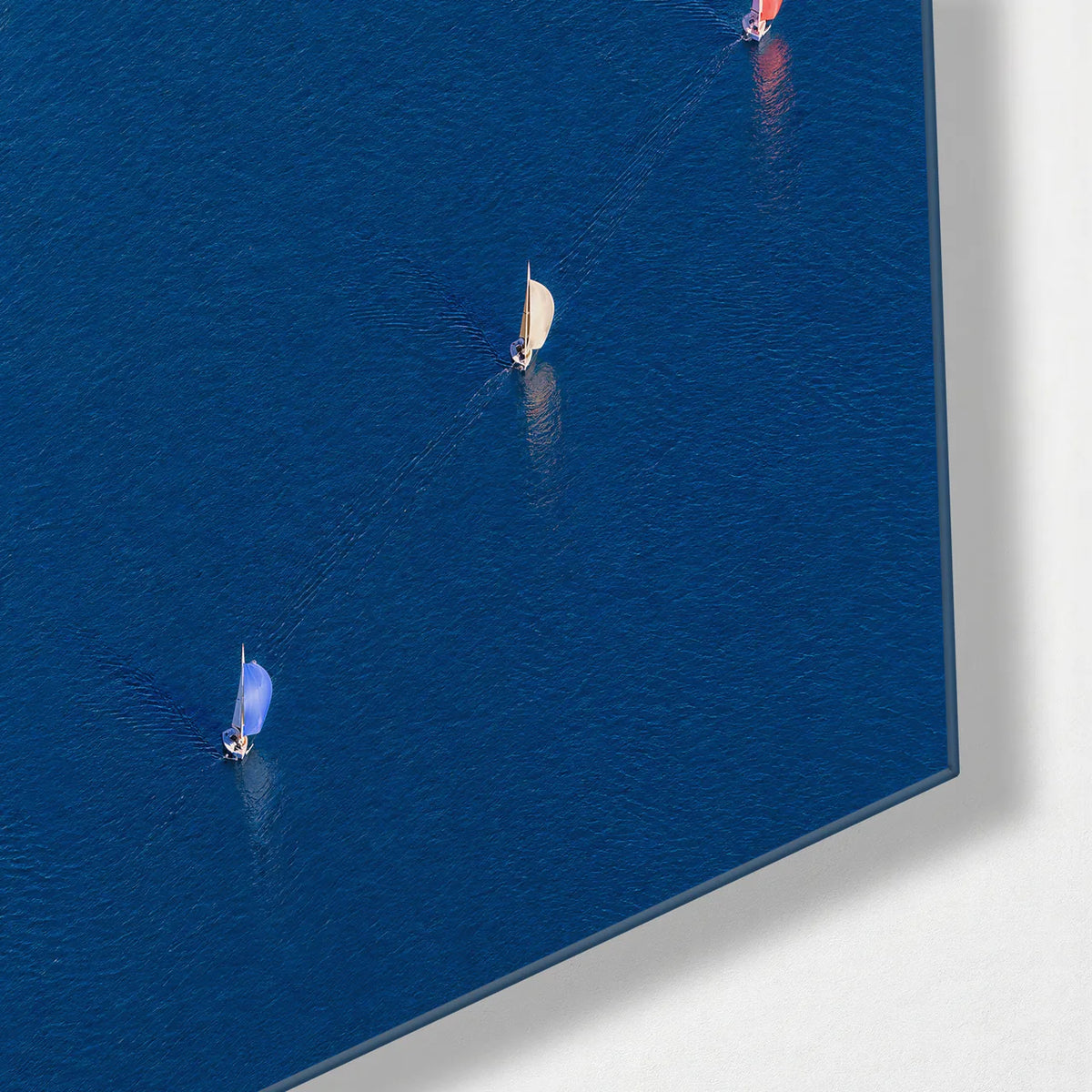 Sails Across Blue — corner detail of glass wall art