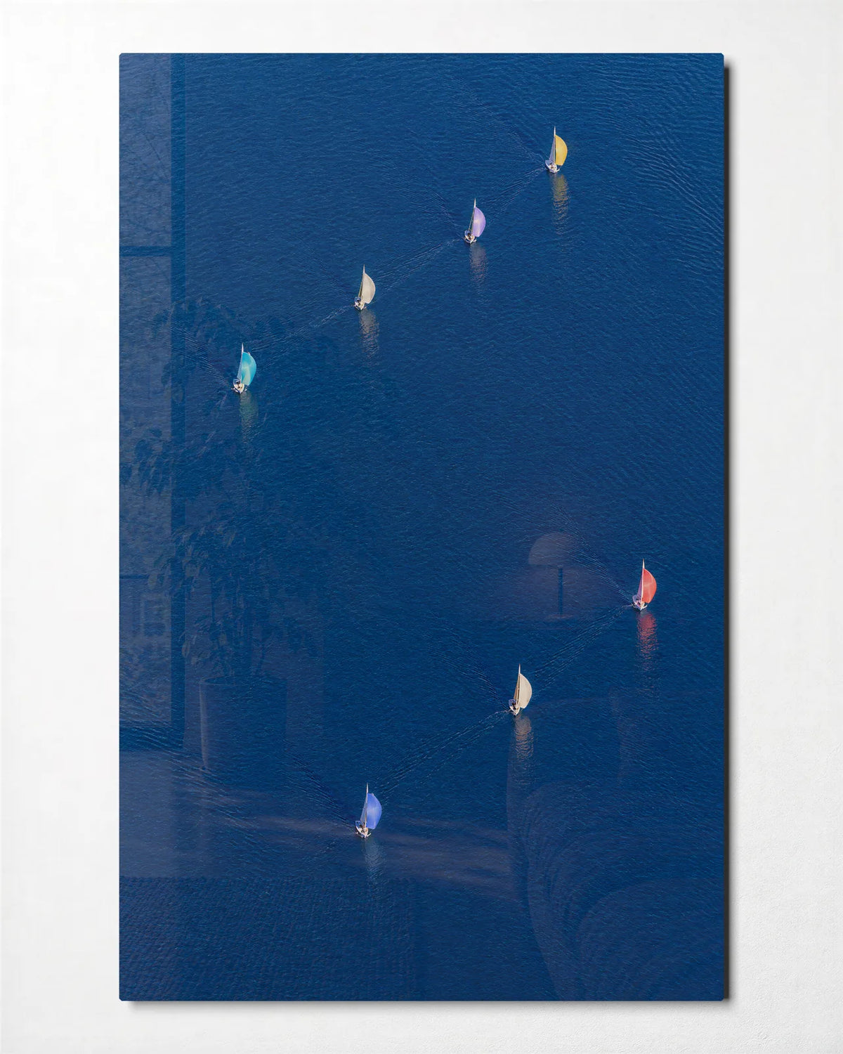 Sails Across Blue — front view of glass wall art