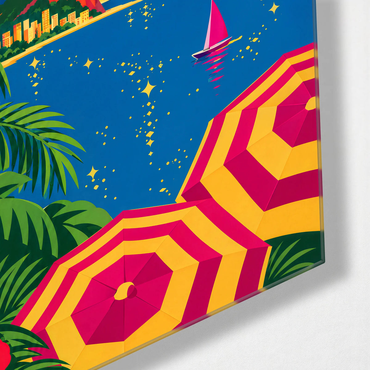 Rio in the Sun — corner detail of glass wall art
