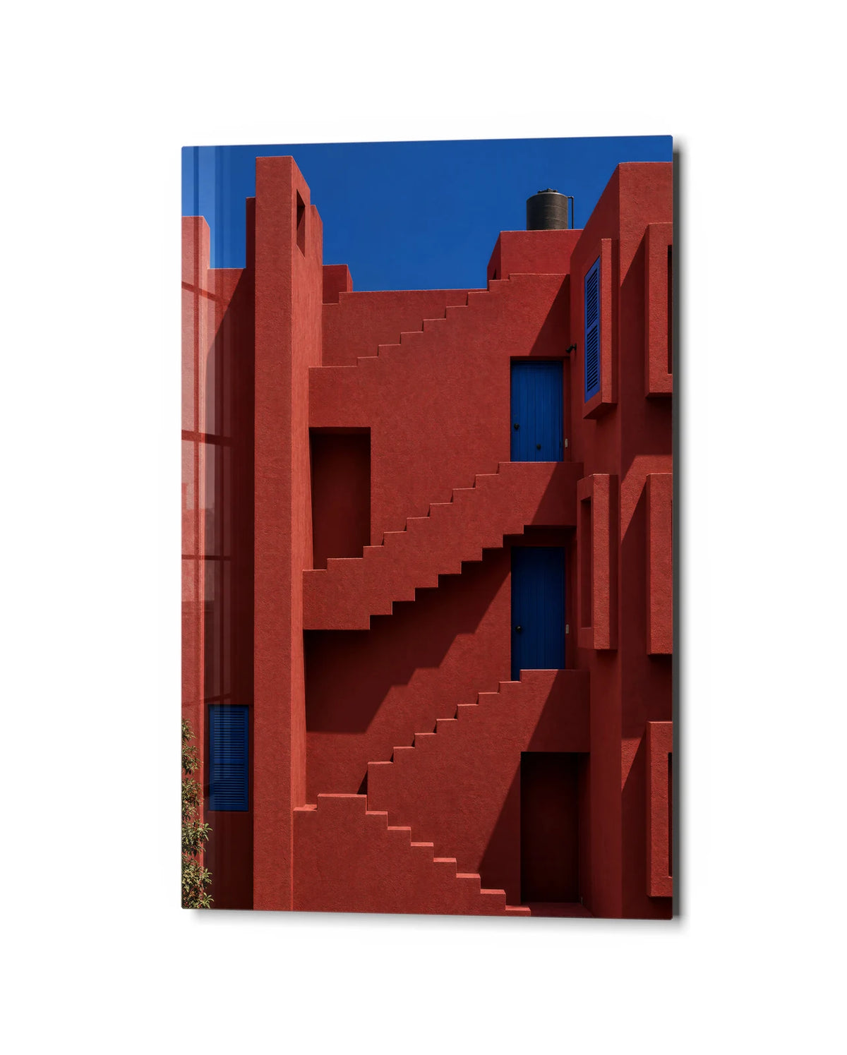 Stairs across the Red — studio view of glass wall art