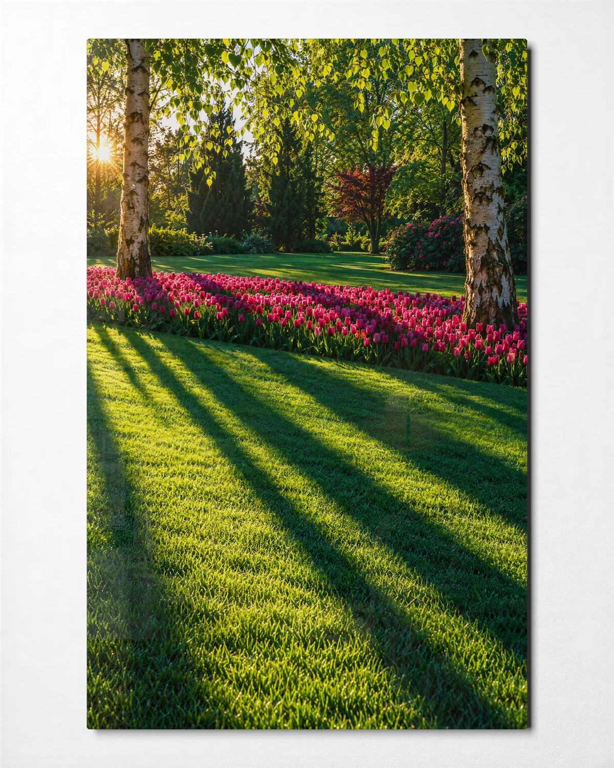 Long Shadows in the Garden — front view of glass wall art