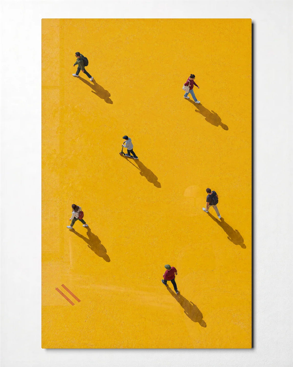 People across Yellow — front view of glass wall art
