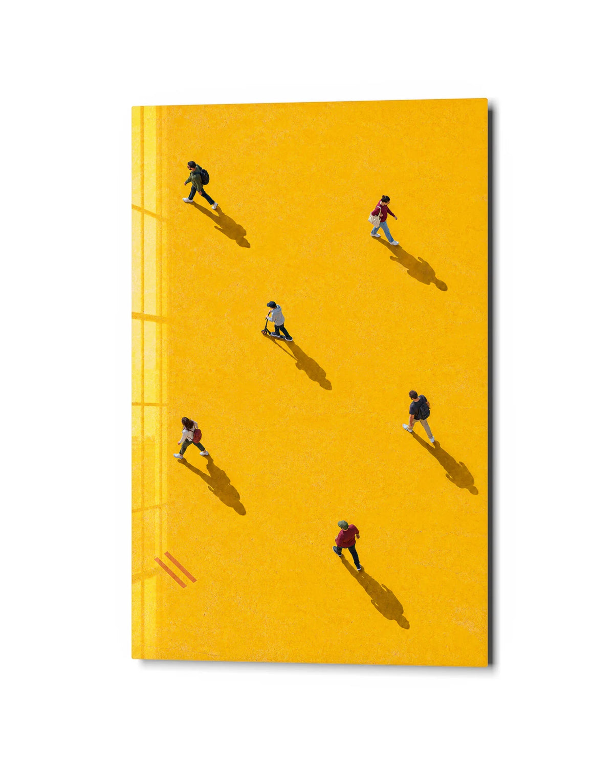 People across Yellow — studio view of glass wall art