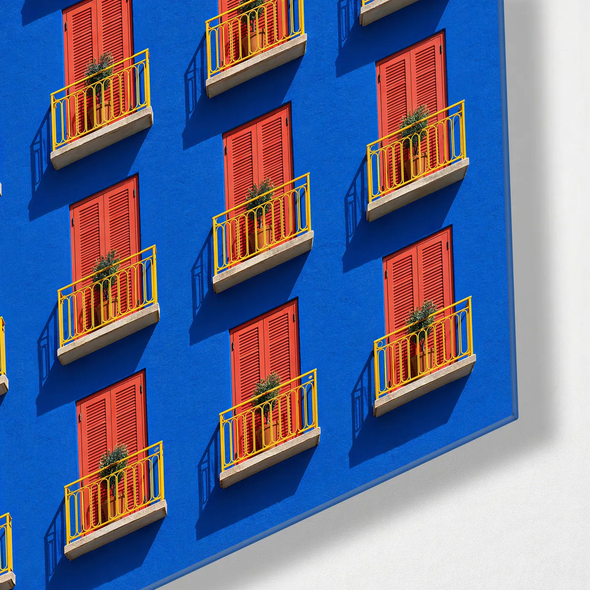 Balconies in Blue — corner detail of glass wall art