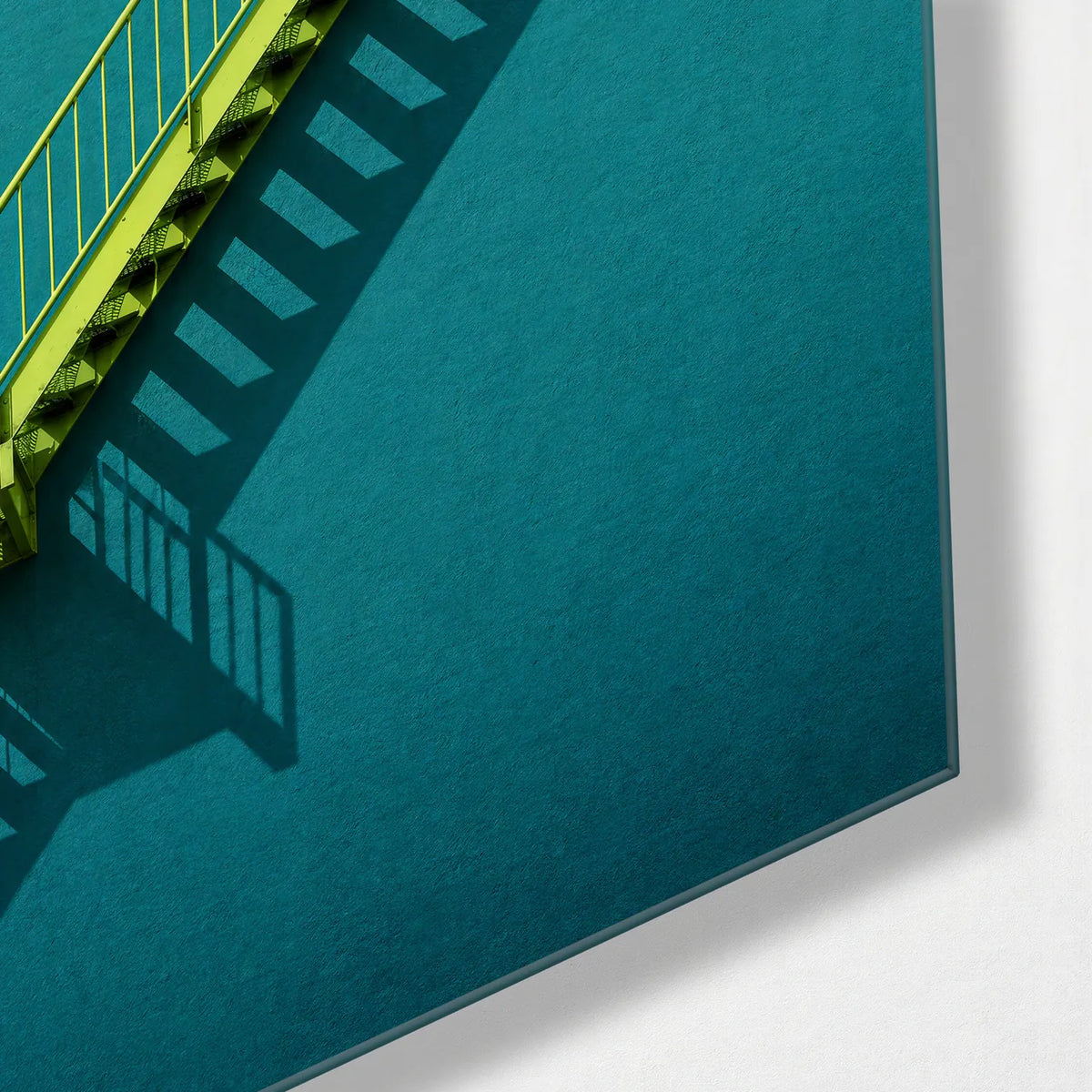 Green Stair Teal Wall — corner detail of glass wall art