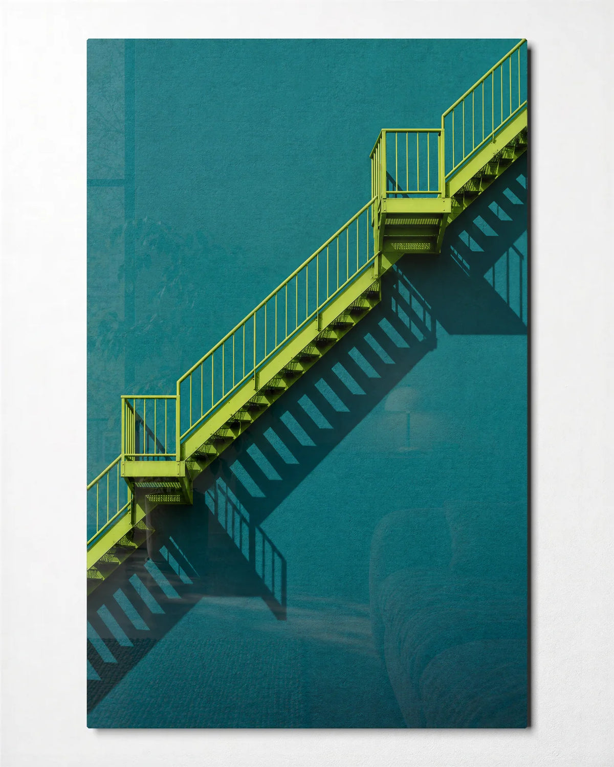 Green Stair Teal Wall — front view of glass wall art
